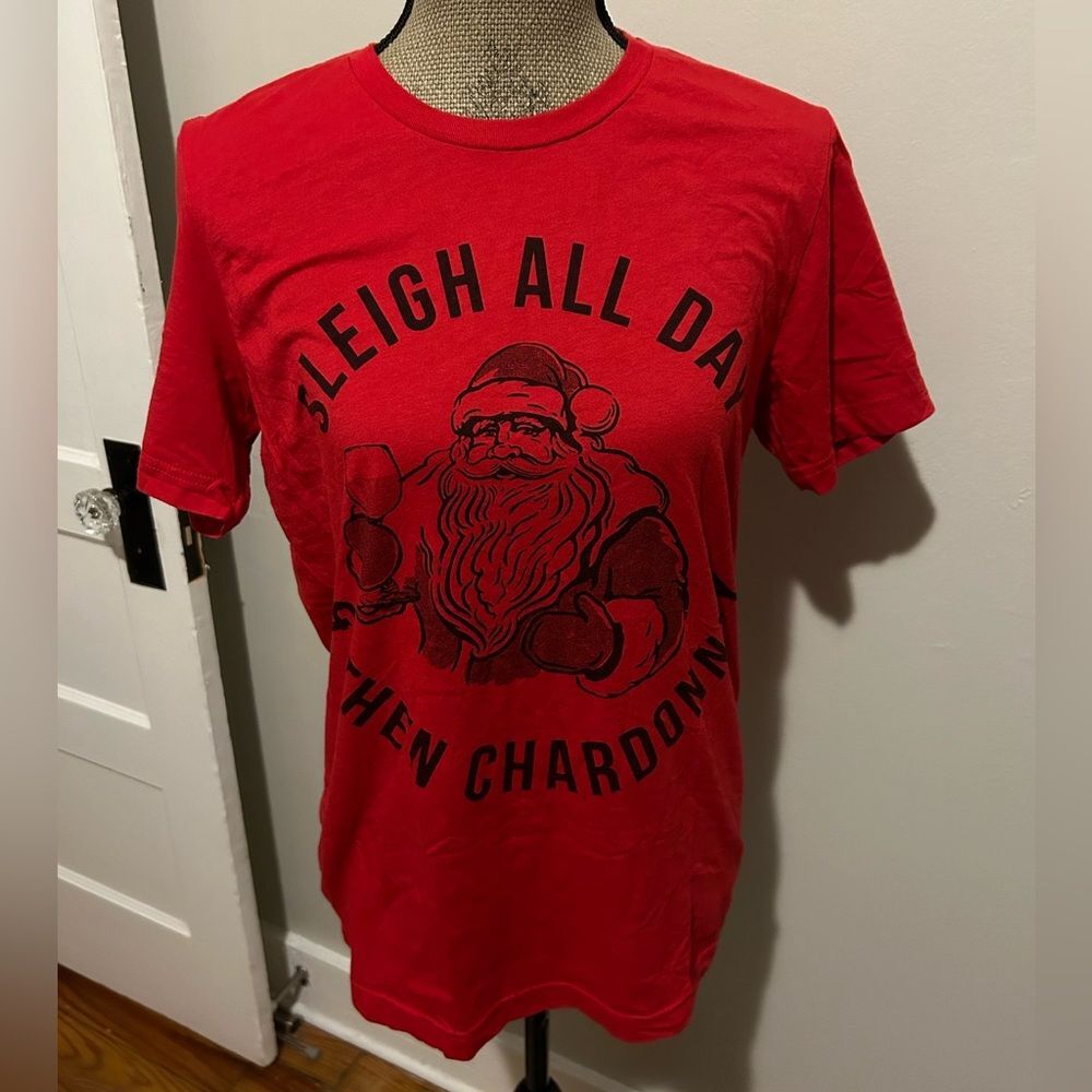 Canvas Red Christmas Sleigh All Day Then Chardonnay Santa Drinking T Shirt